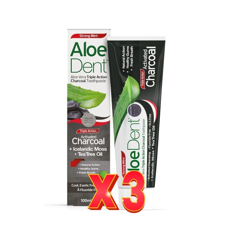 Pack de 3 unidades Dentifrico Aloe, Carbon Activo, Arbol Del Te Y Menta 100Ml Aloe Dent Pack de 3 unidades Dentifrico Aloe, Carbon Activo, Arbol Del Te Y Menta 100Ml Aloe Dent