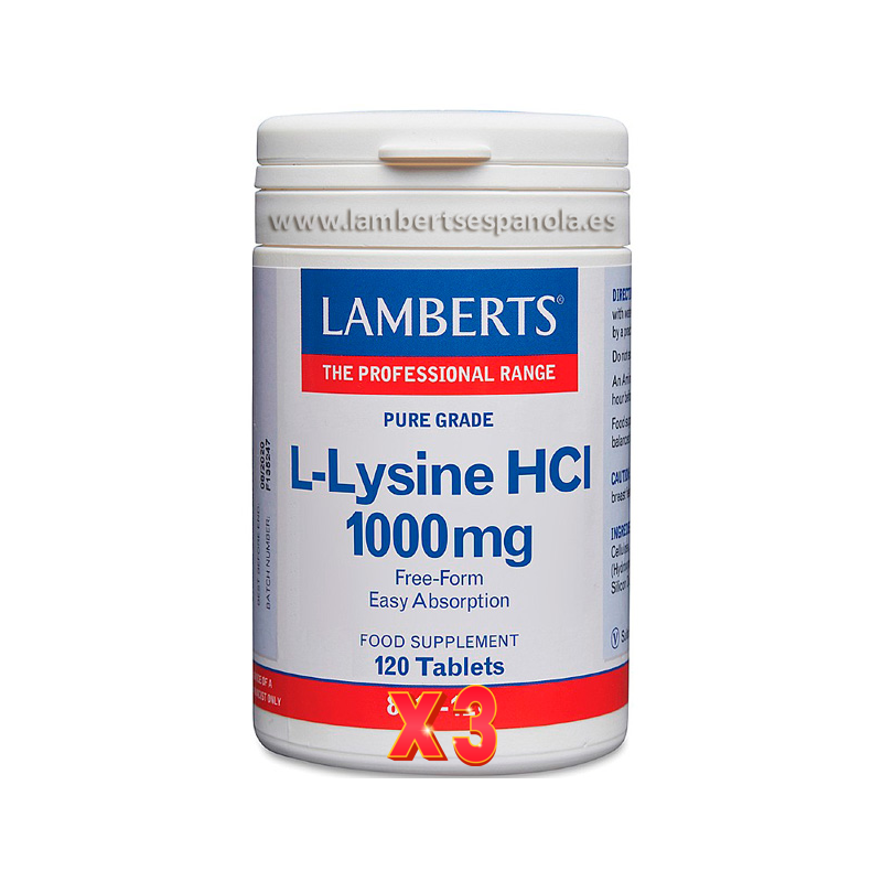 Pack de 3 unidades L-Lisina Hcl 1000 Mg 120 Tabletas Lamberts