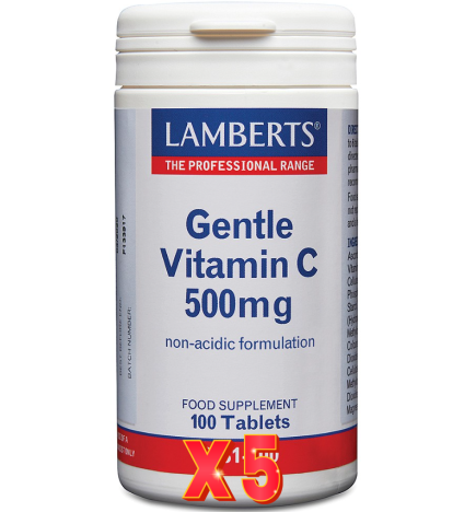 Pack de 5 unidades Gentle Vitamina C 500 Mg (Forma Suave, No Ácida) 100 Tabletas Lamberts