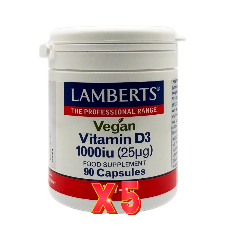 Pack de 5 unidades Vitamina D3 Vegana 1000 Ui (25 µg) 90 Cápsulas Lamberts