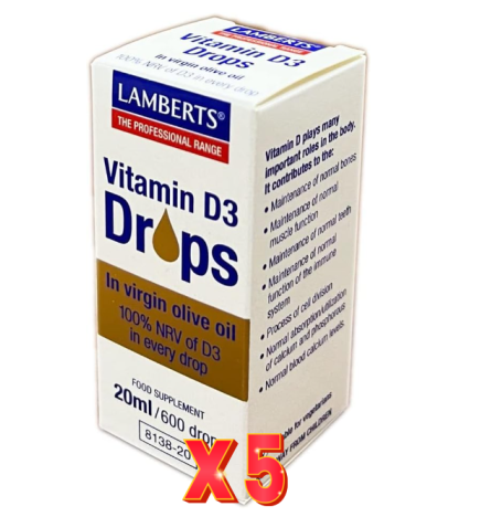 Pack de 5 unidades Vitamina D3 Líquida 20 Ml / 600 Gotas 20 Ml Lamberts