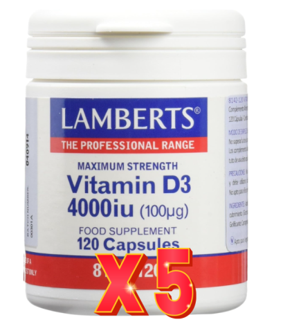 Pack de 5 unidades Vitamina D3 4000 Ui (100 µg) 120 Cápsulas Lamberts