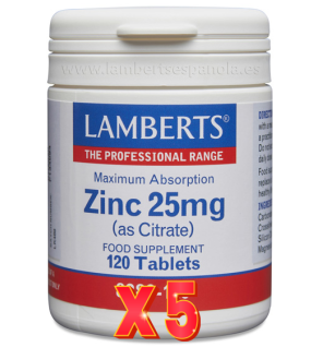 Pack de 5 unidades Zinc 25 Mg (Como Citrato) 120 Tabletas Lamberts