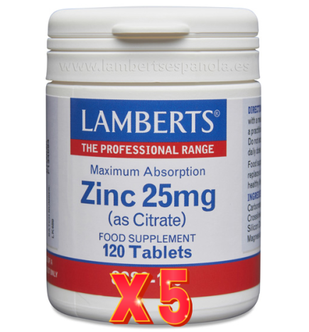 Pack de 5 unidades Zinc 25 Mg (Como Citrato) 120 Tabletas Lamberts