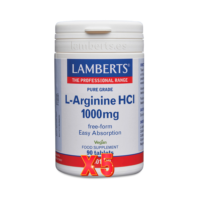 Pack de 5 unidades L-Arginina Hcl 1000 Mg 90 Tabletas Lamberts