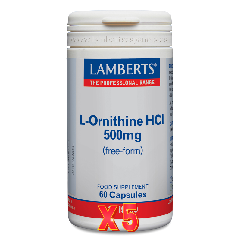 Pack de 5 unidades L-Ornitina Hcl 500 Mg 60 Cápsulas Lamberts