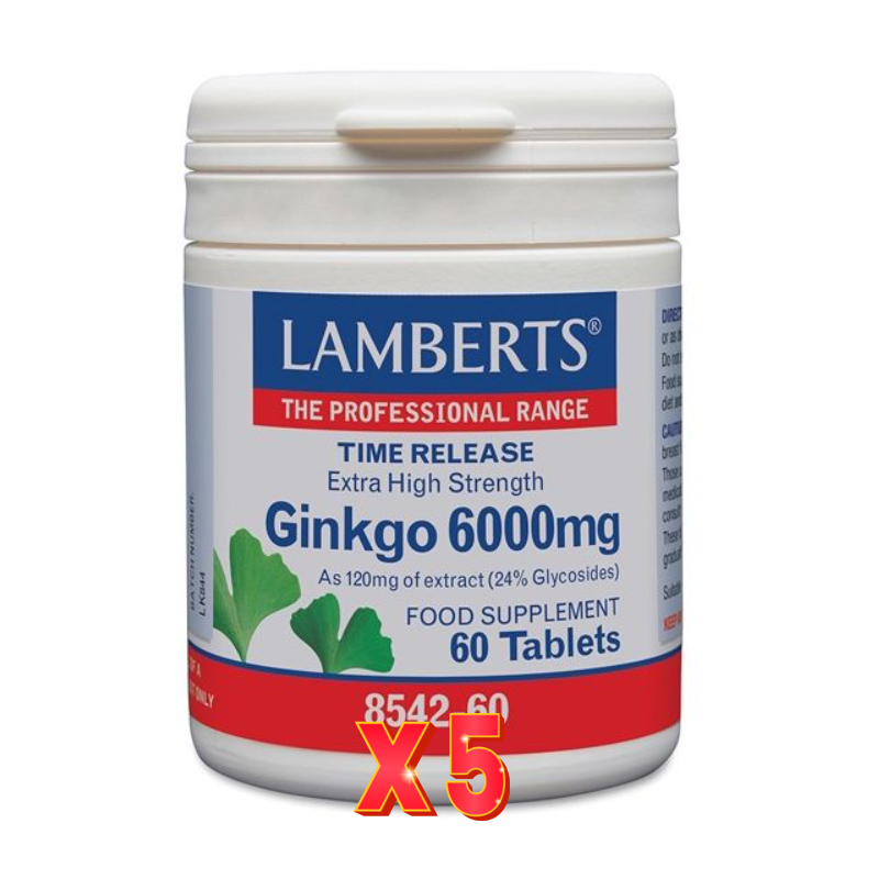 Pack de 5 unidades Ginkgo Biloba 6000 Mg 60 Tabletas Lamberts
