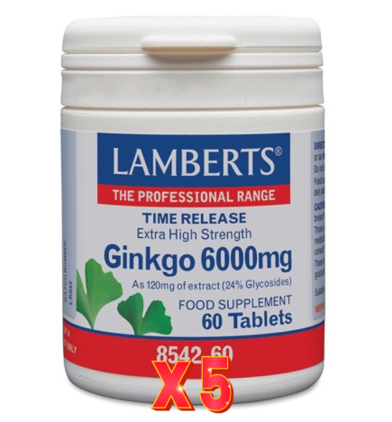 Pack de 5 unidades Ginkgo Biloba 6000 Mg 60 Tabletas Lamberts