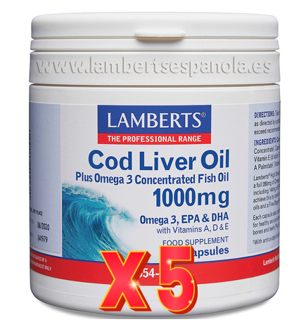 Pack de 5 unidades Aceite De Hígado De Bacalao Con Vit A, D Y E 180 Cápsulas Lamberts