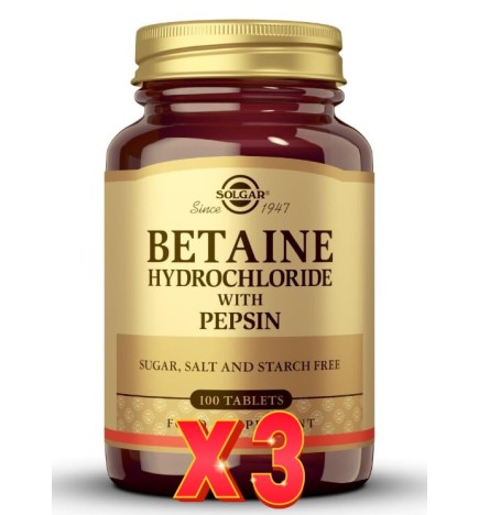 Pack de 3 unidades Betaína Clorhidrato 100 Comprimidos Solgar