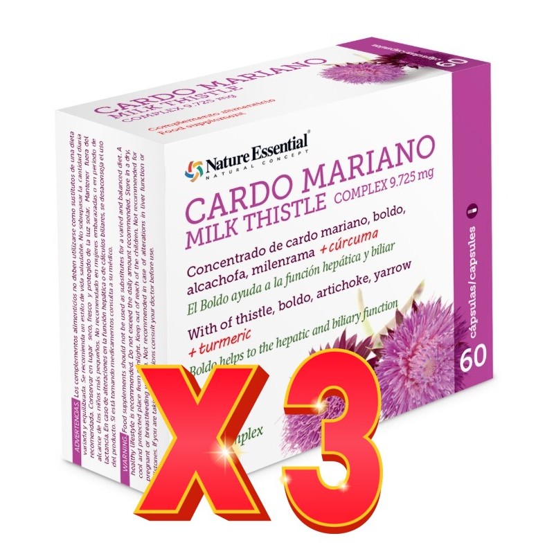 Pack 3 unidades Cardo mariano (complex) 9725 mg 60 capsulas vegetales Nature Essential Pack 3 unidades Cardo mariano (complex) 9725 mg 60 capsulas vegetales Nature Essential