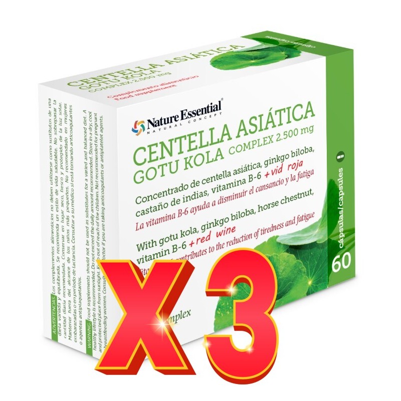 Pack 3 unidades Centella asiatica (complex) 2500 mg 60 capsulas vegetales Nature Essential Pack 3 unidades Centella asiatica (complex) 2500 mg 60 capsulas vegetales Nature Essential