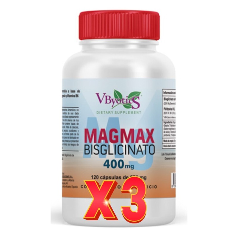 Pack de 3 unidades Magmax Bisglicinato De Magnesio 400 Mg 120 Cápsulas Vbyotics