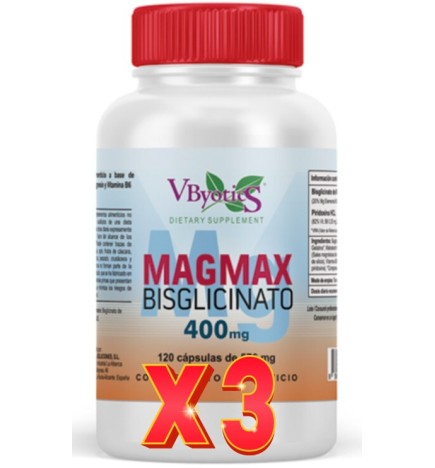 Pack de 3 unidades Magmax Bisglicinato De Magnesio 400 Mg 120 Cápsulas Vbyotics