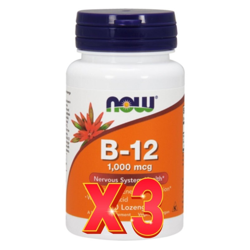 Pack de 3 unidades Cianocobalamina (B-12)  1000 Mcg 100 Pastillas Masticables Now