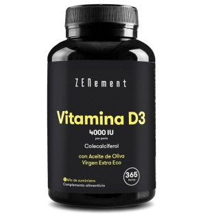 Vitamina D3, 4000 UI, con Aceite de Oliva Virgen Extra Ecológico Es 365 Cápsulas blandas Zenement